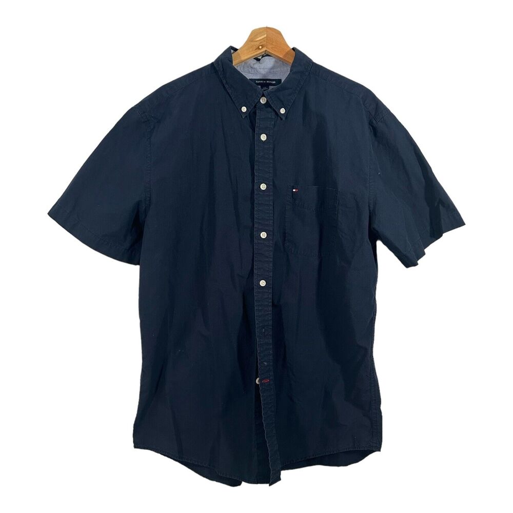 Tommy Hilfiger Button Up Shirt Mens Large Navy Blue Linen Blend Short Sleeve